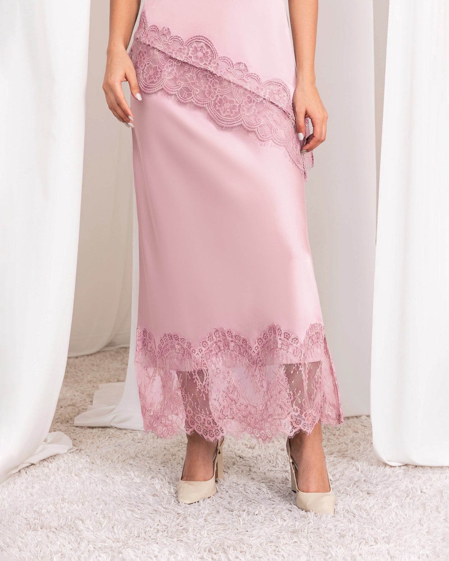 Blush Pink Satin Skirt With Lace – Elegant Slim Fit Evening Wear for Women