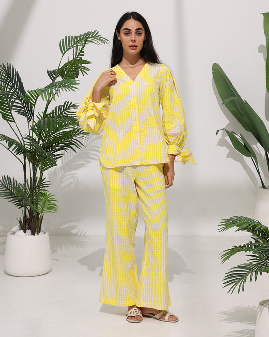 Gingham Check Relaxed Co-ord Set with Knot Sleeve Detail