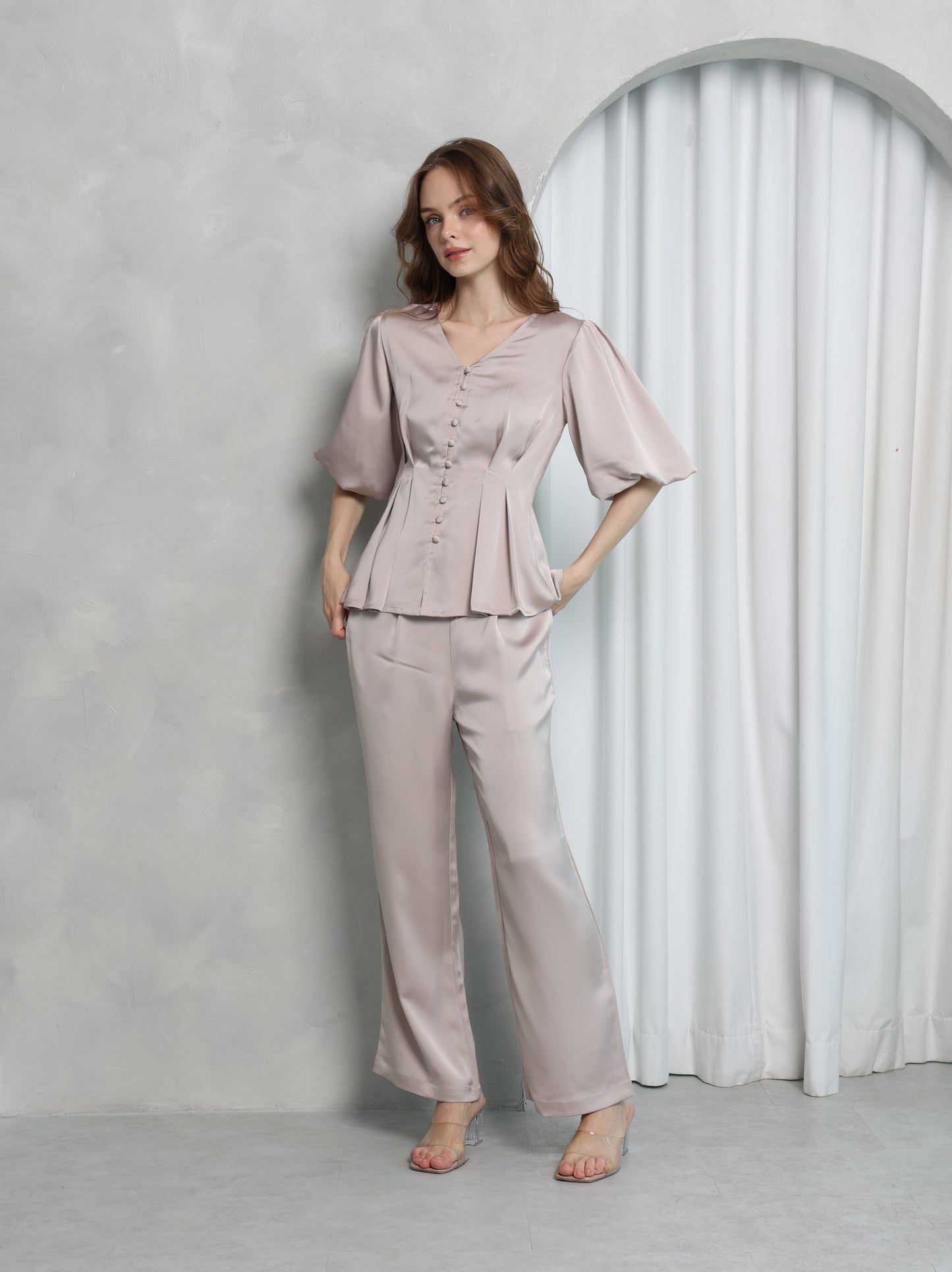 Aura Peplum Top – Ivory Beige