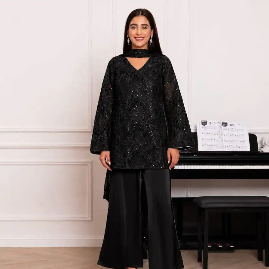 Black Cutwork Suit with Satin Flare Pants & Dupatta – Made to Order