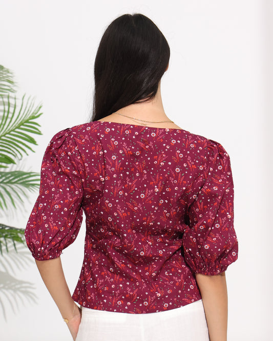 Floral Puff Sleeve Top with Sweetheart Neckline