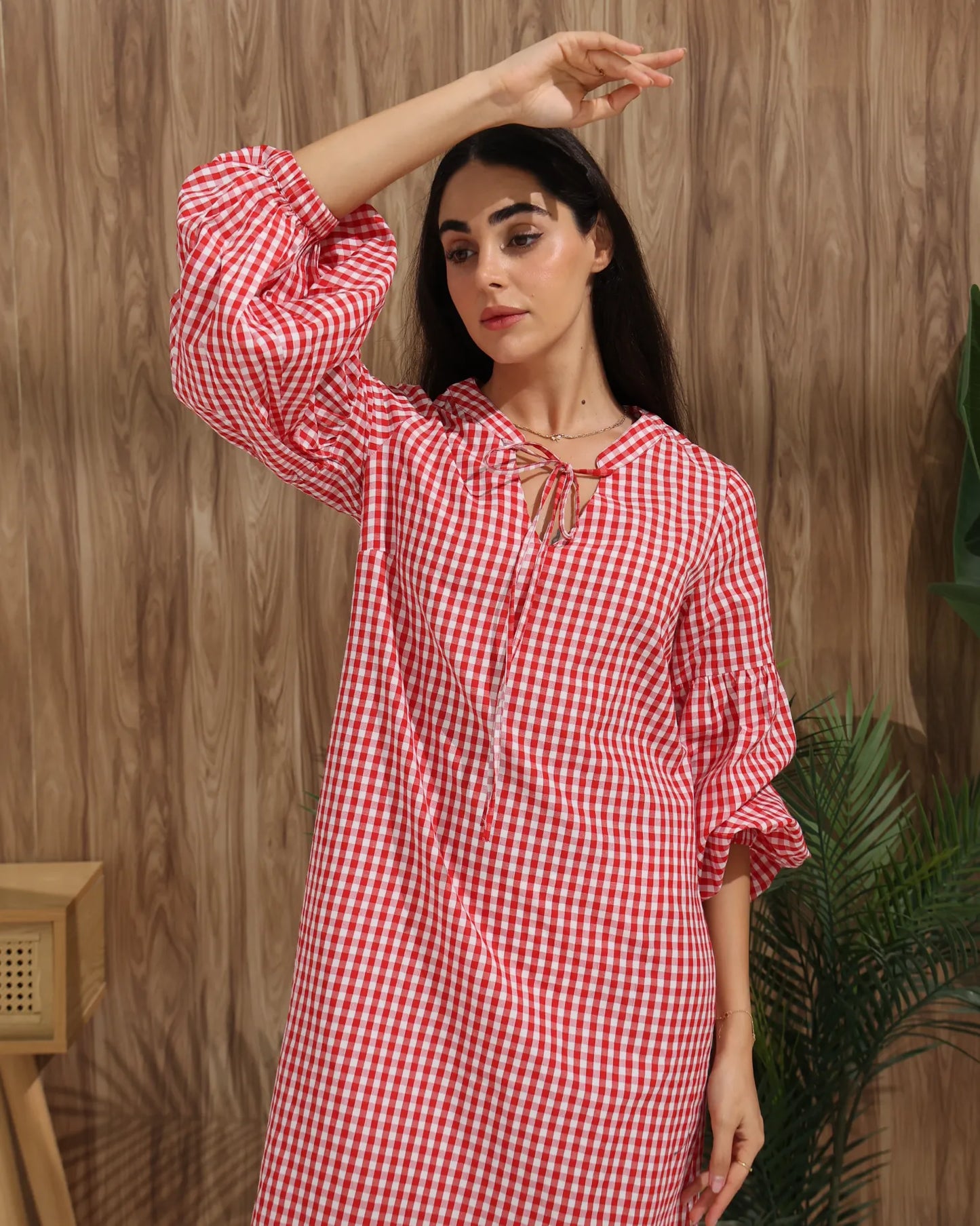 Gingham Check Tie-Neck Maxi Dress – Red