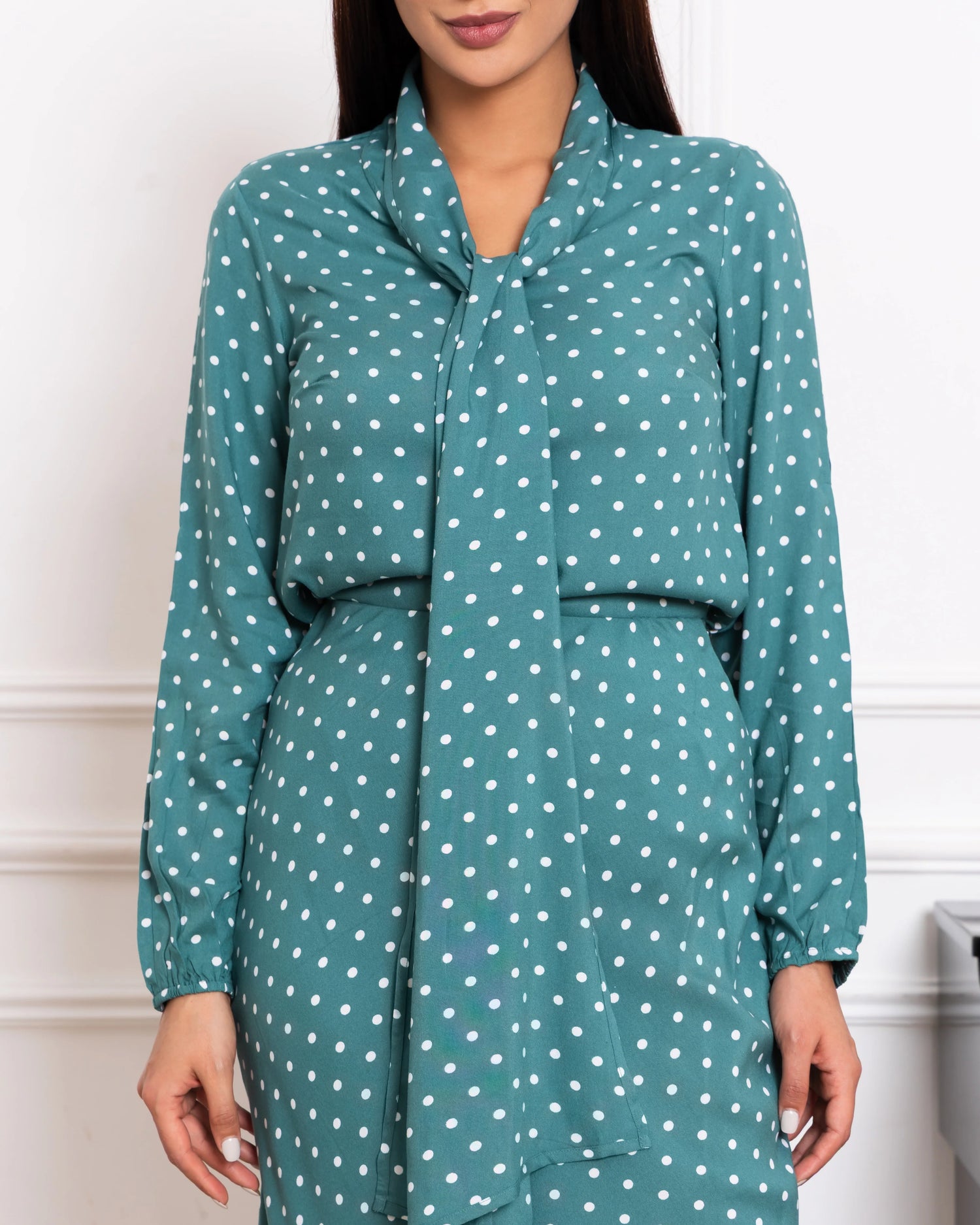Sage green polka dot co-ord set with tie-neck top and long skirt – women's viscose workwear