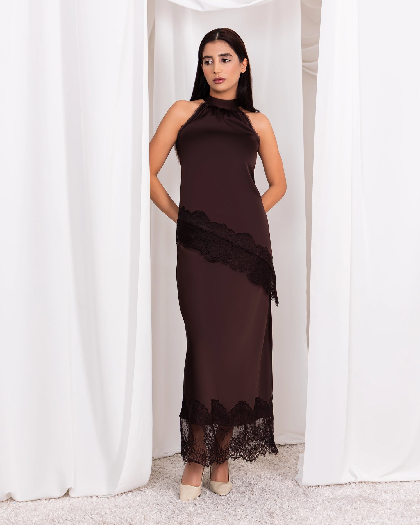 Halter Neck Diagonal Lace Top – Chocolate Brown