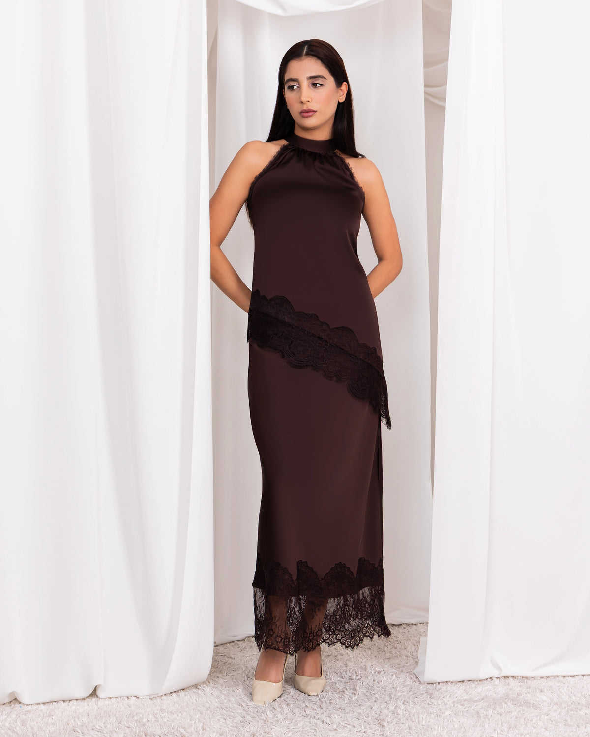 Chocolate Brown Satin Skirt With Lace – Elegant Slim fit