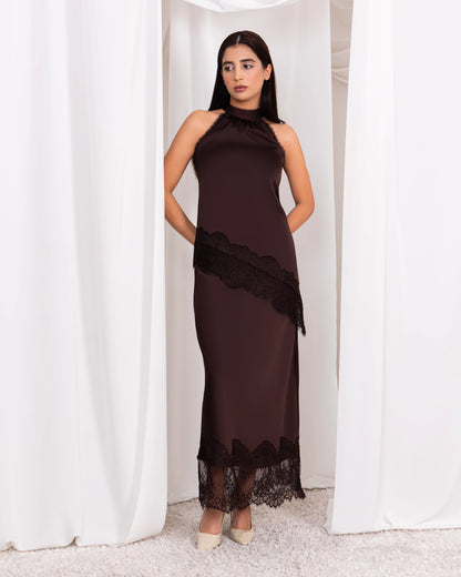 Halter Neck Diagonal Lace Top – Chocolate Brown