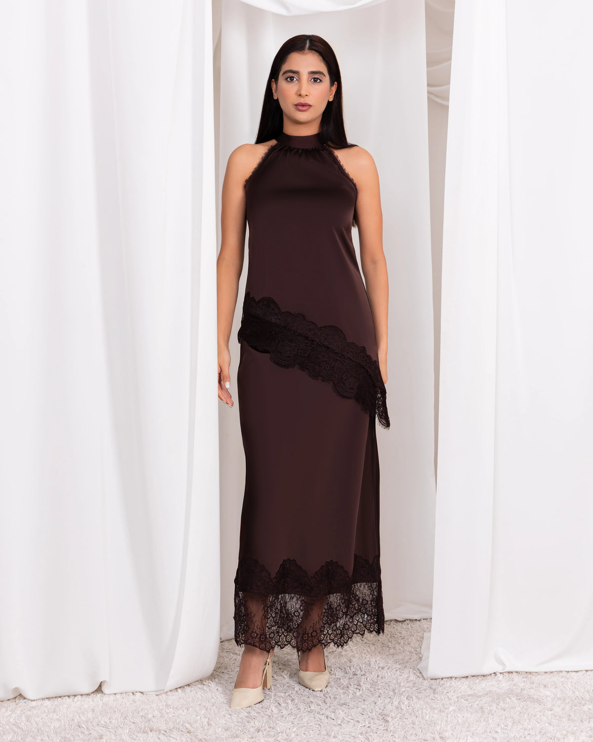 Chocolate Brown Satin Skirt With Lace – Elegant Slim fit