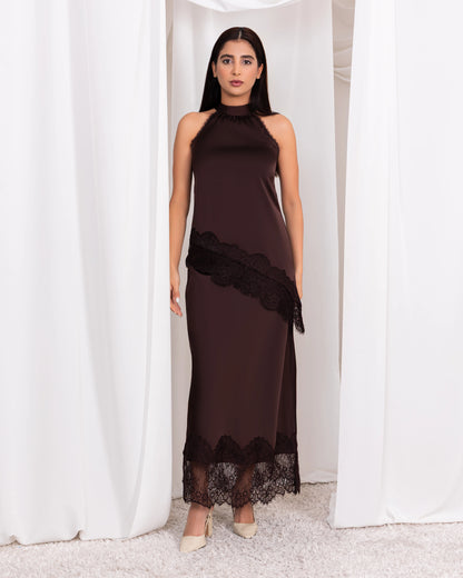 Halter Neck Diagonal Lace Top – Chocolate Brown