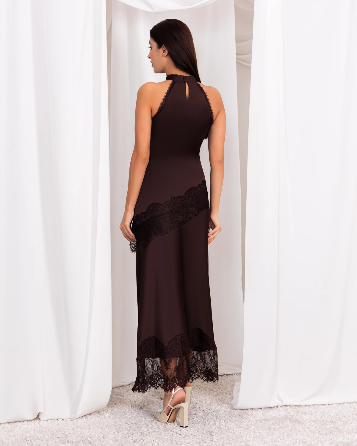 Chocolate Brown Satin Skirt With Lace – Elegant Slim fit
