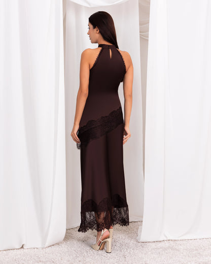 Halter Neck Diagonal Lace Top – Chocolate Brown