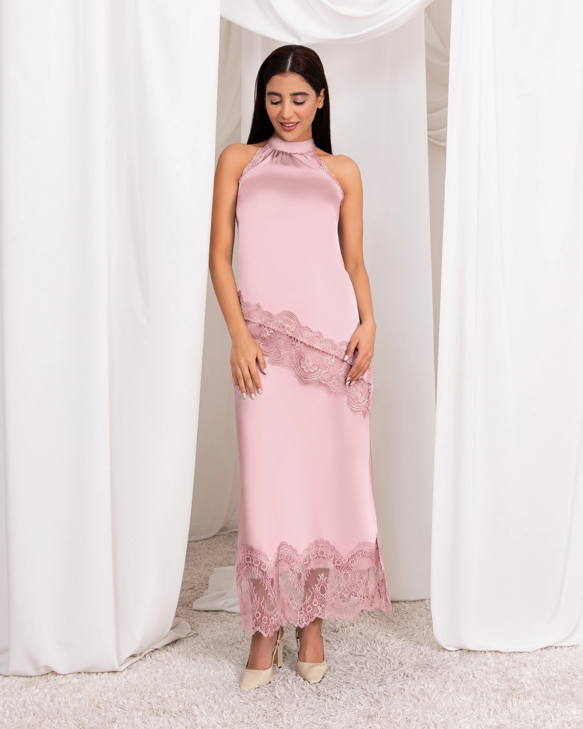 Blush Pink Satin Skirt With Lace – Elegant Slim Fit Evening Wear for Women