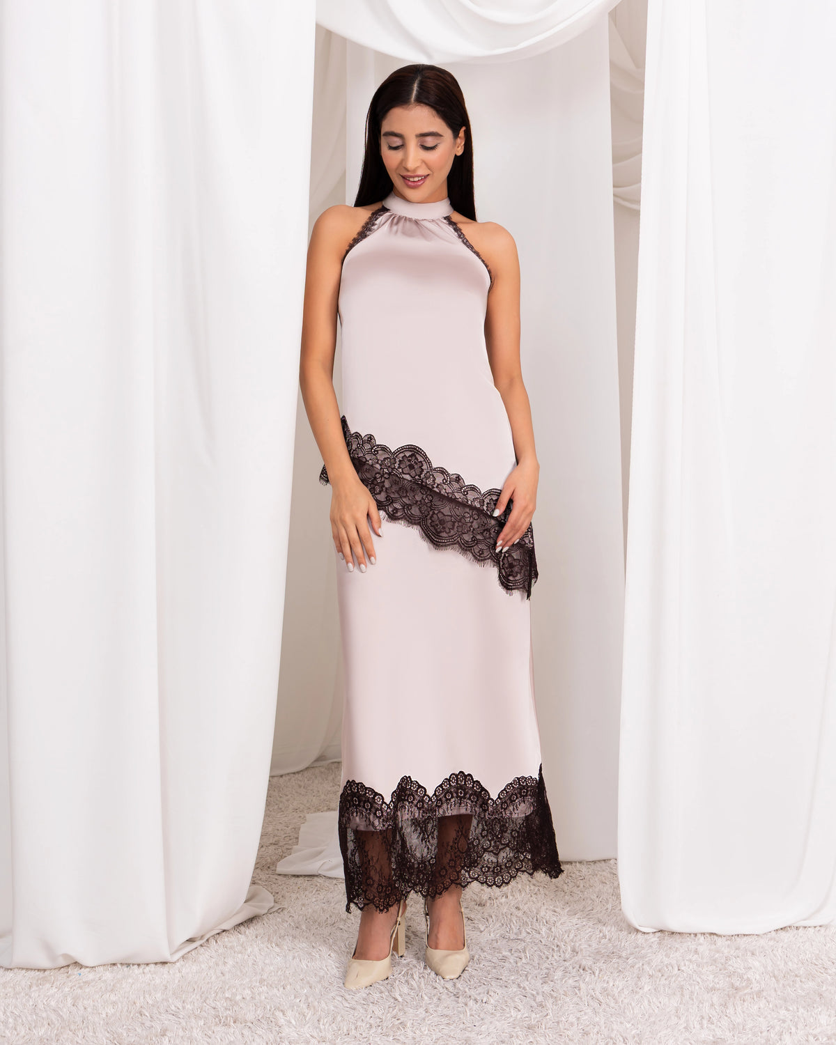 Ivory Beige Satin Skirt With Lace – Elegant Slim Fit