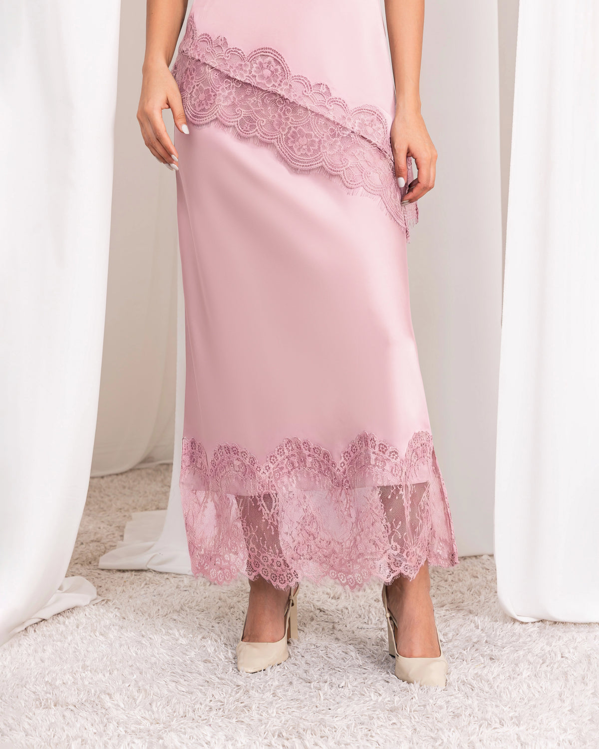 Blush Pink Satin Skirt With Lace – Elegant Slim Fit Evening Wear for Women