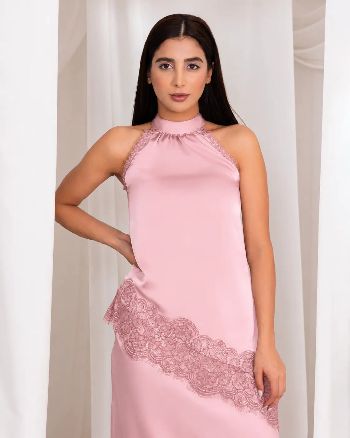 Halter Neck Diagonal Lace Top - Blush Pink