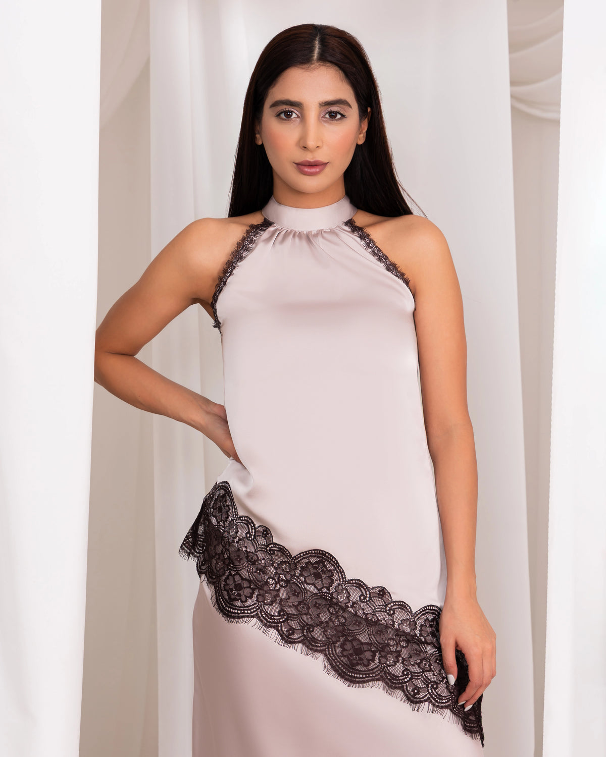 Ivory Beige Satin Skirt With Lace – Elegant Slim Fit