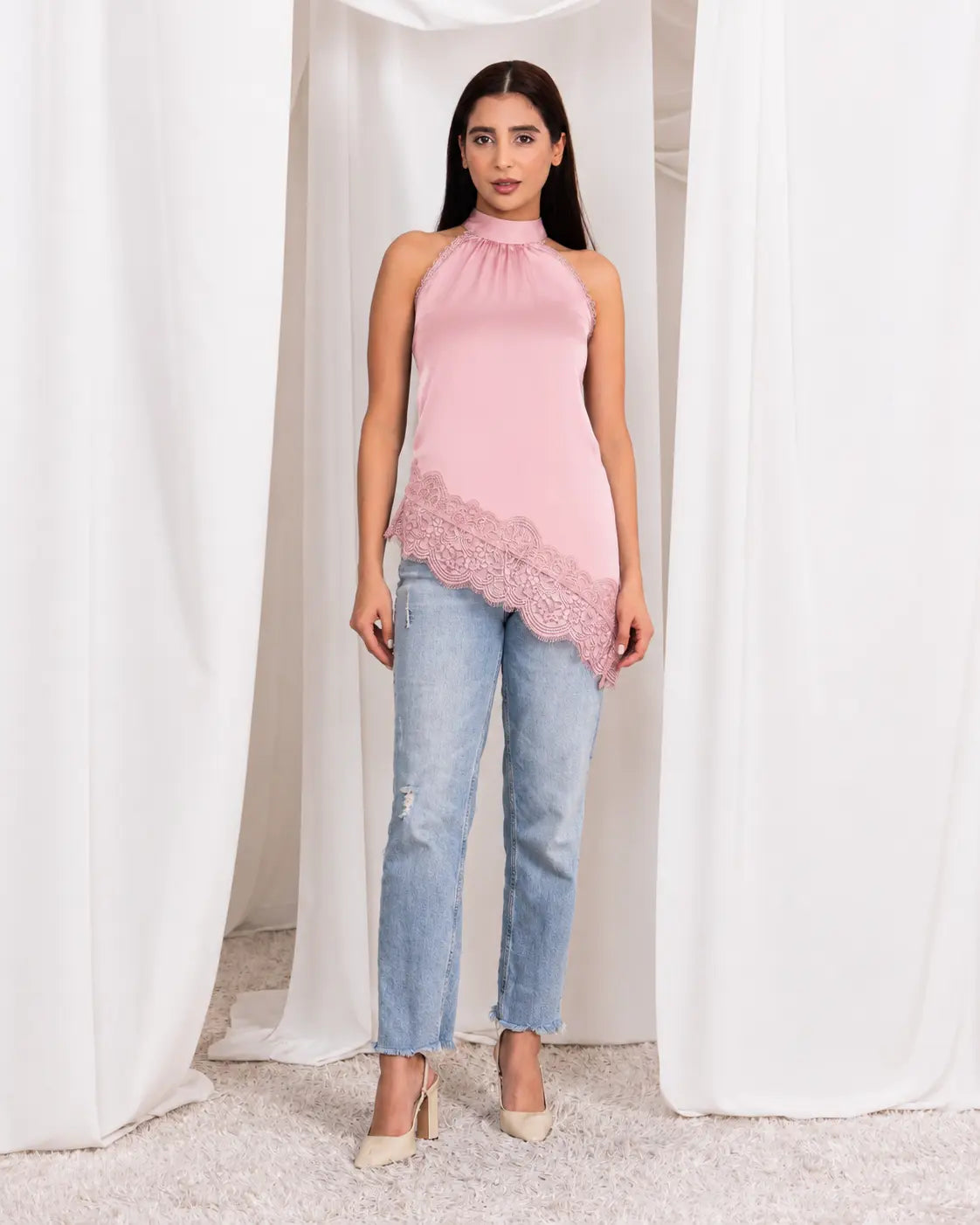 Halter Neck Diagonal Lace Top - Blush Pink