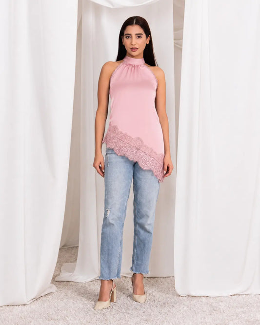 Halter Neck Diagonal Lace Top - Blush Pink
