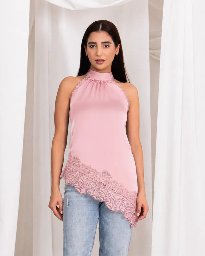Halter Neck Diagonal Lace Top - Blush Pink