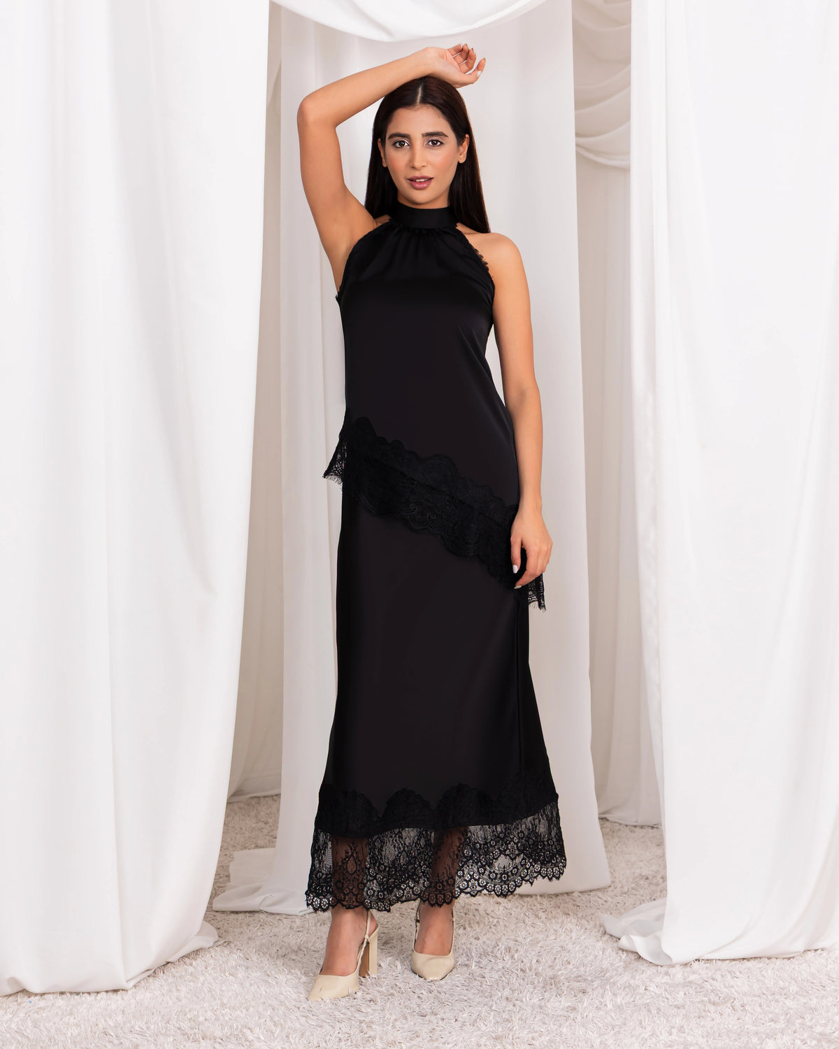 Black Satin Skirt With Lace – Elegant Slim Fit