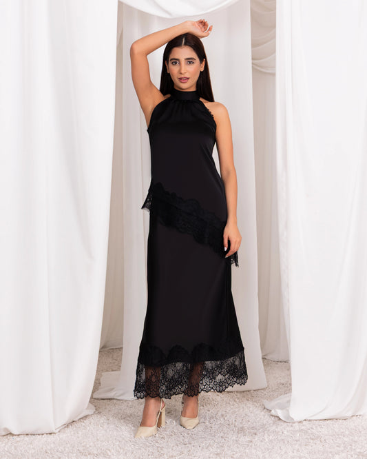 Black Satin Skirt With Lace – Elegant Slim Fit Evening Wear for Women