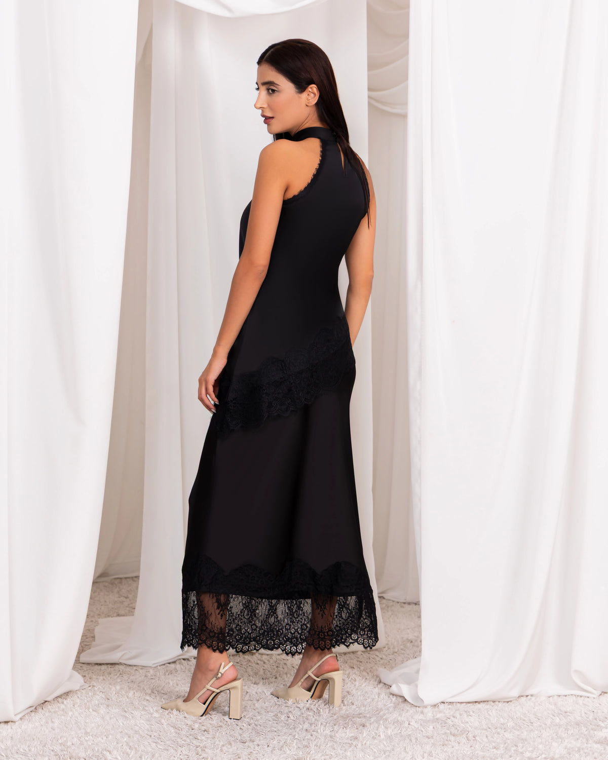 Black Satin Skirt With Lace – Elegant Slim Fit