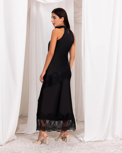 Halter Neck Diagonal Lace Top – Midnight Black