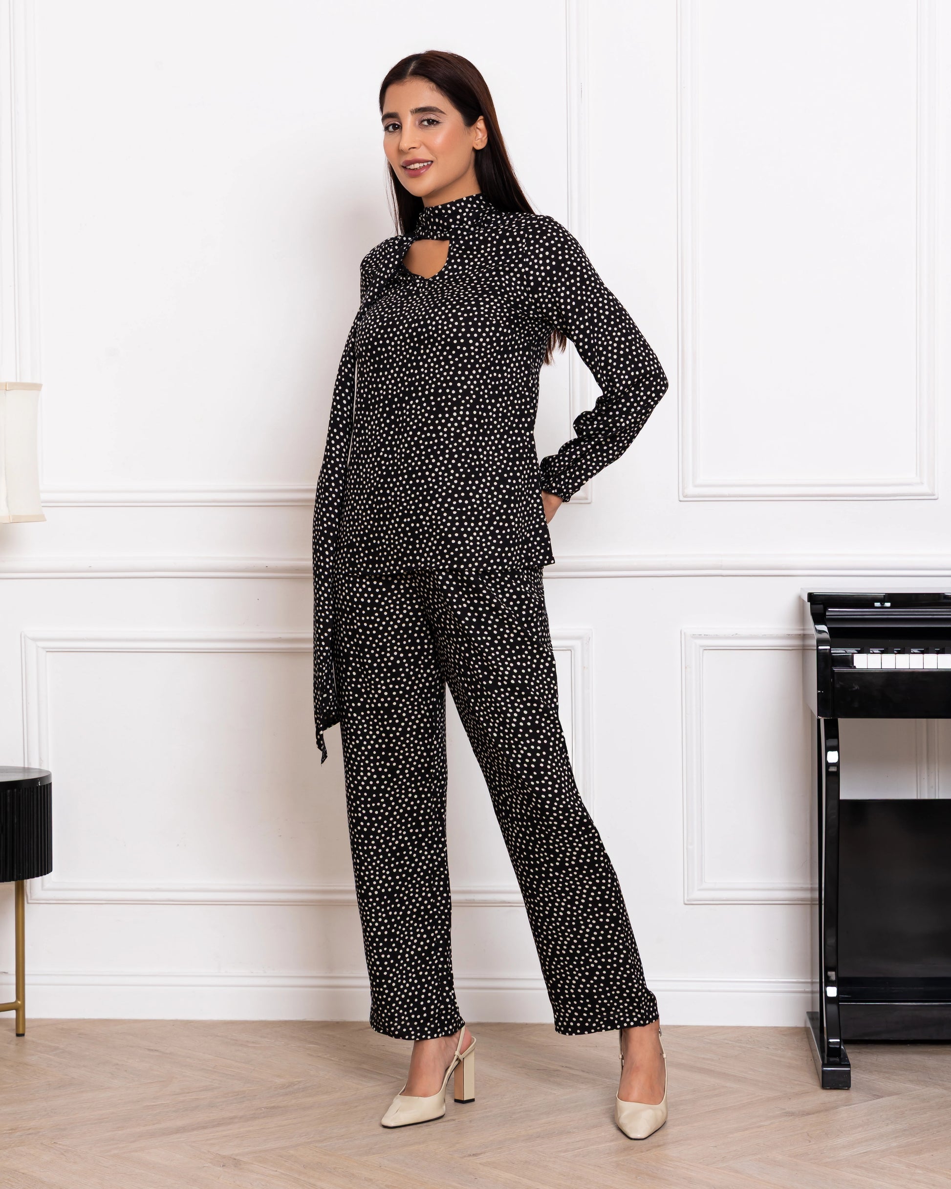 Midnight noir monochrome polka dot co-ord set with statement tie-neck top and straight trousers