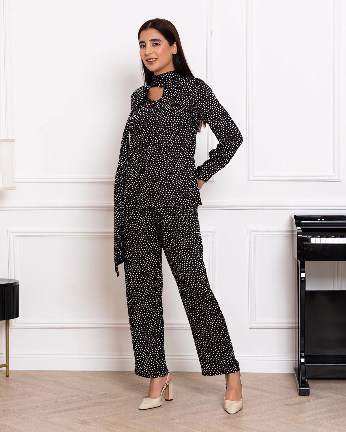 Midnight noir monochrome polka dot co-ord set with statement tie-neck top and straight trousers