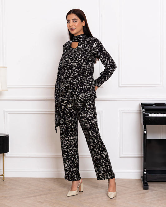 Midnight noir monochrome polka dot co-ord set with statement tie-neck top and straight trousers