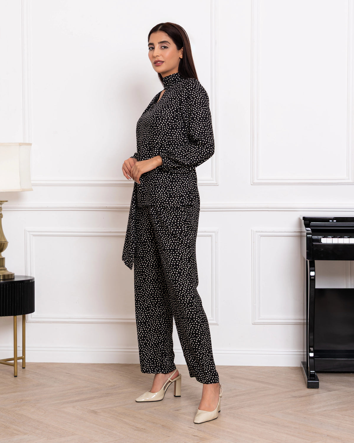 Women's black polka dot two-piece viscose co-ord set – elegant workwear and semi-formal