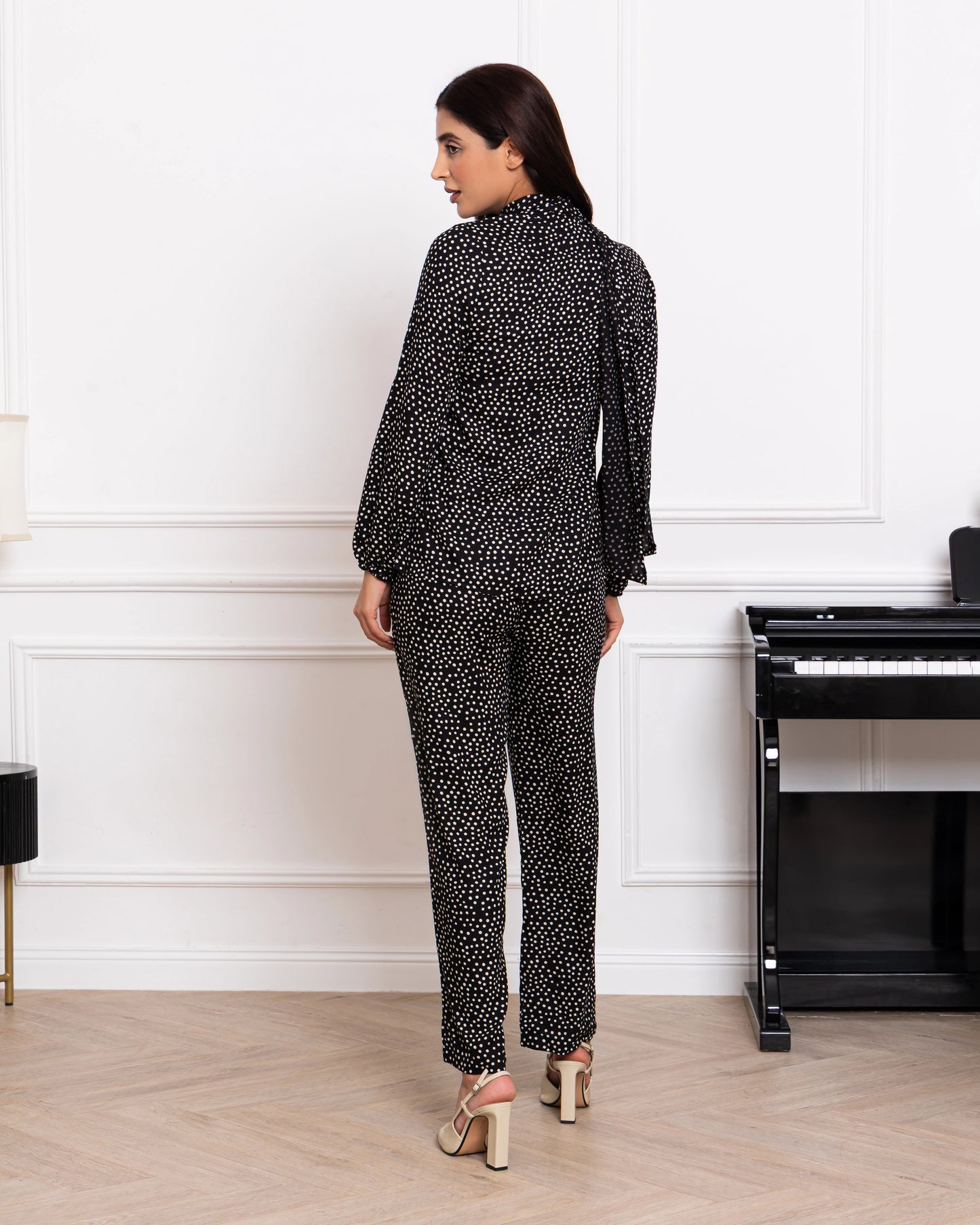 Monochrome polka dot viscose trouser co-ord set for women – midnight noir side view
