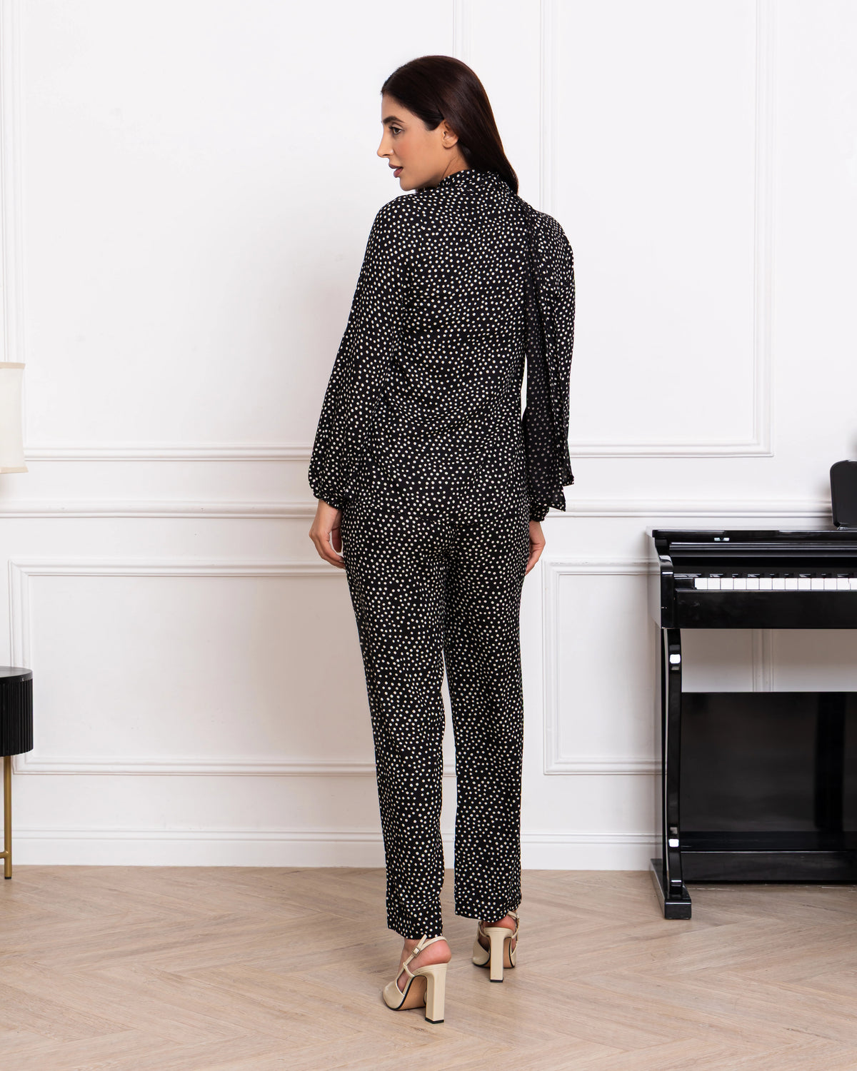 Monochrome polka dot viscose trouser co-ord set for women – midnight noir side view