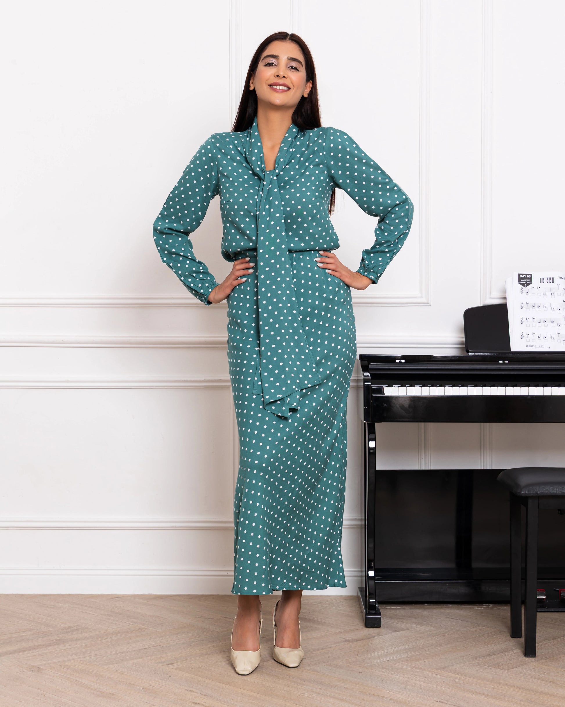 Elegant sage green polka dot viscose co-ord set for women – side view