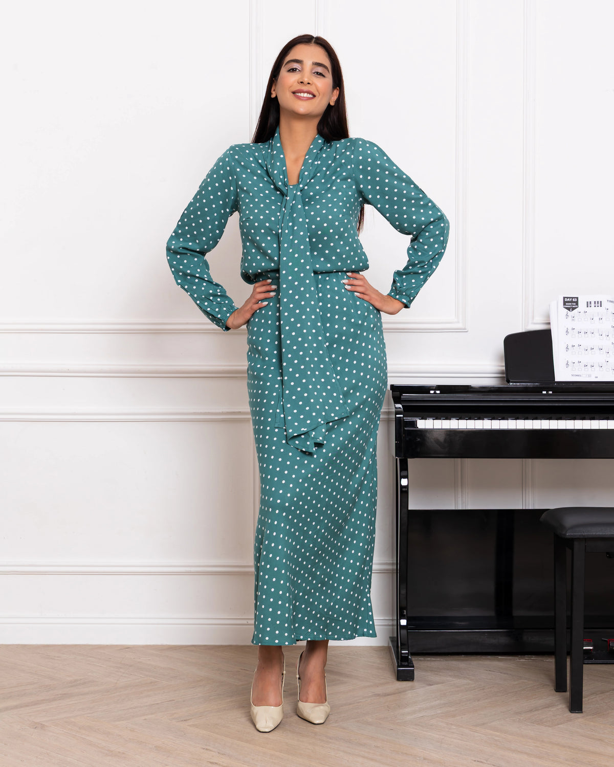 Elegant sage green polka dot viscose co-ord set for women – side view