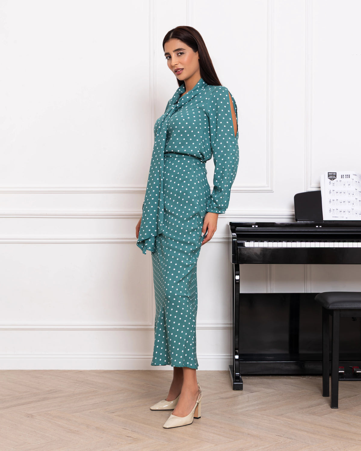 Women's sage green polka dot two-piece set – tie-neck blouse and coordinated long skirt