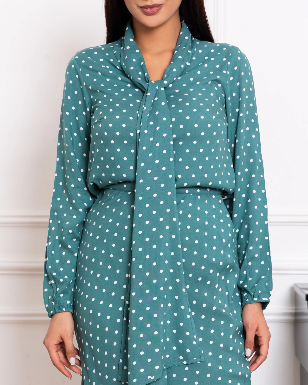 Sage green polka dot co-ord set with tie-neck top and long skirt – women's viscose workwear