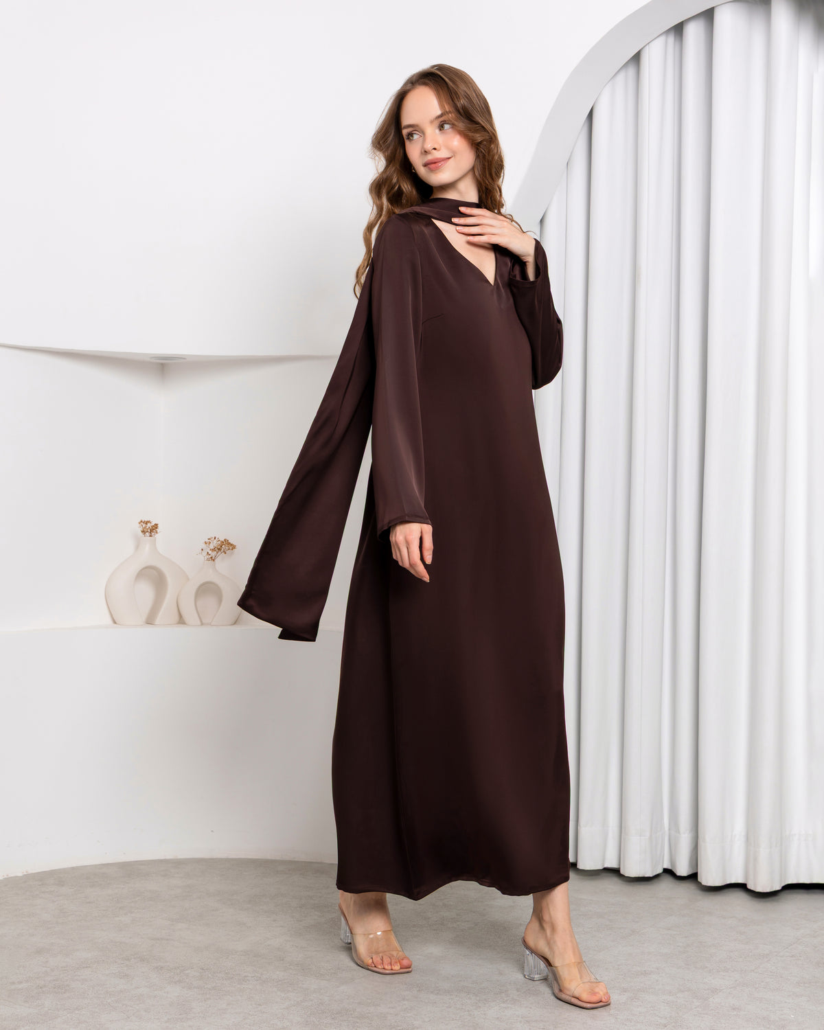 Aura Stole Satin Dress – Mocha | Women's Evening Wear
