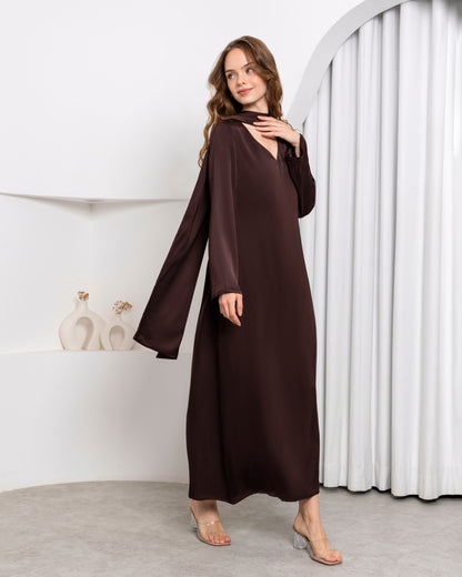 Aura Stole Satin Dress – Mocha | Women's Evening Wear