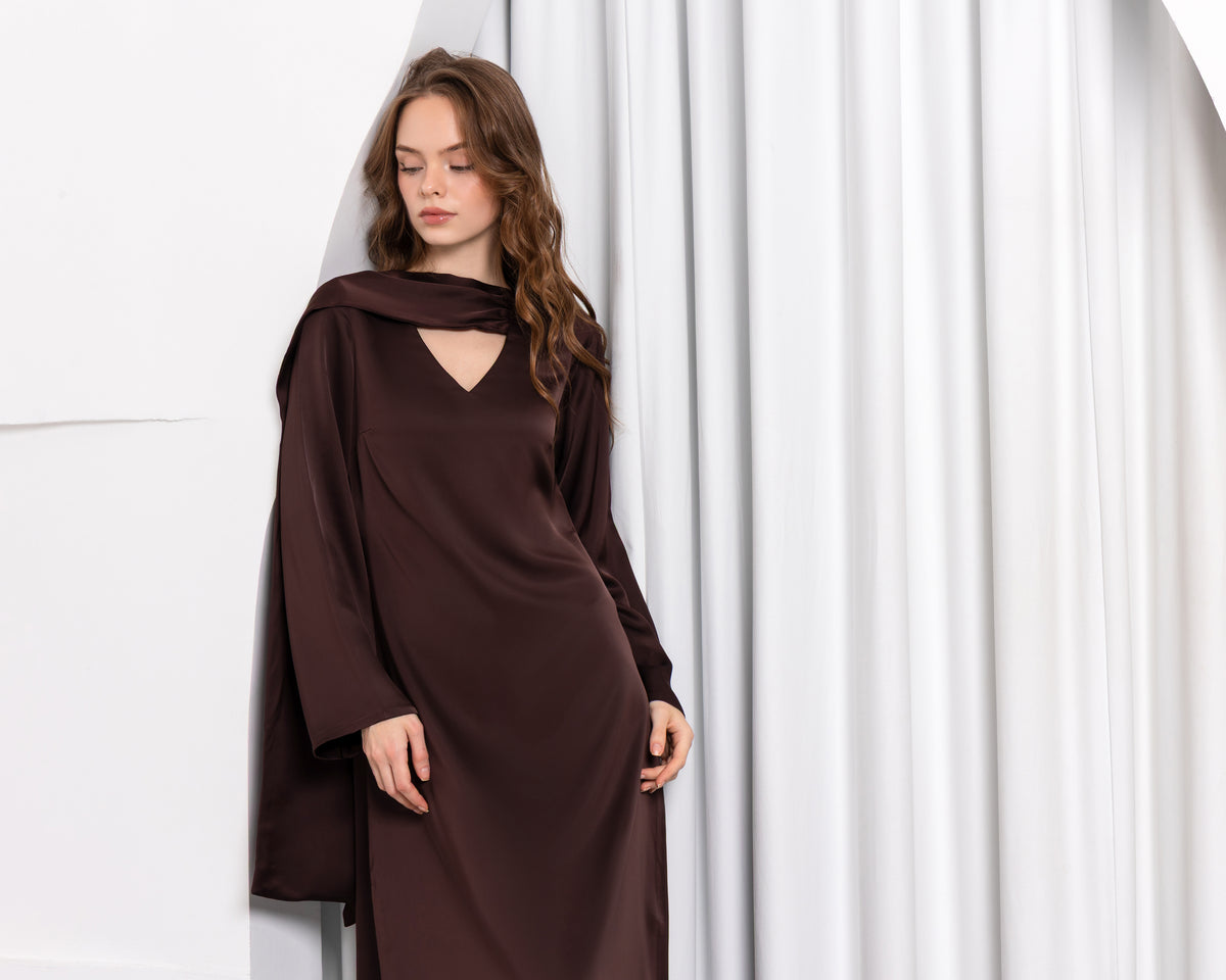 Aura Stole Satin Dress – Mocha | Women's Evening Wear
