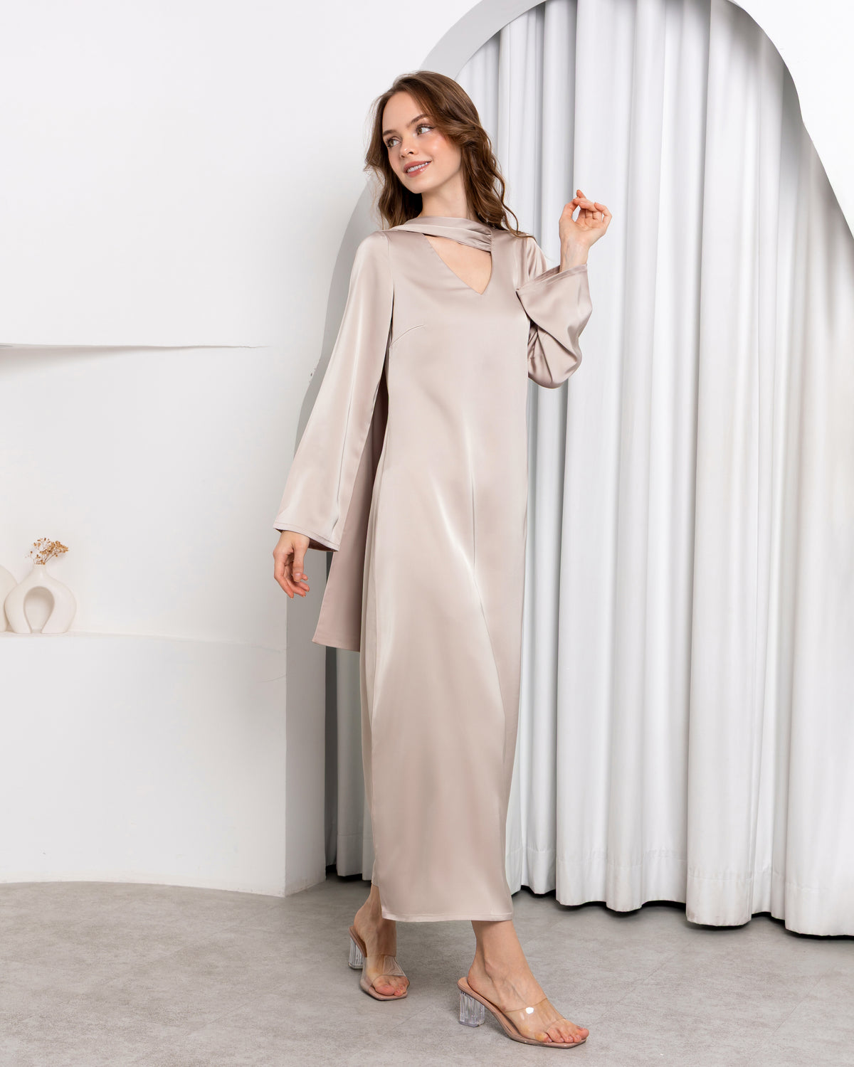 Aura Stole Satin Dress – Ivory | Women's Evening Wear