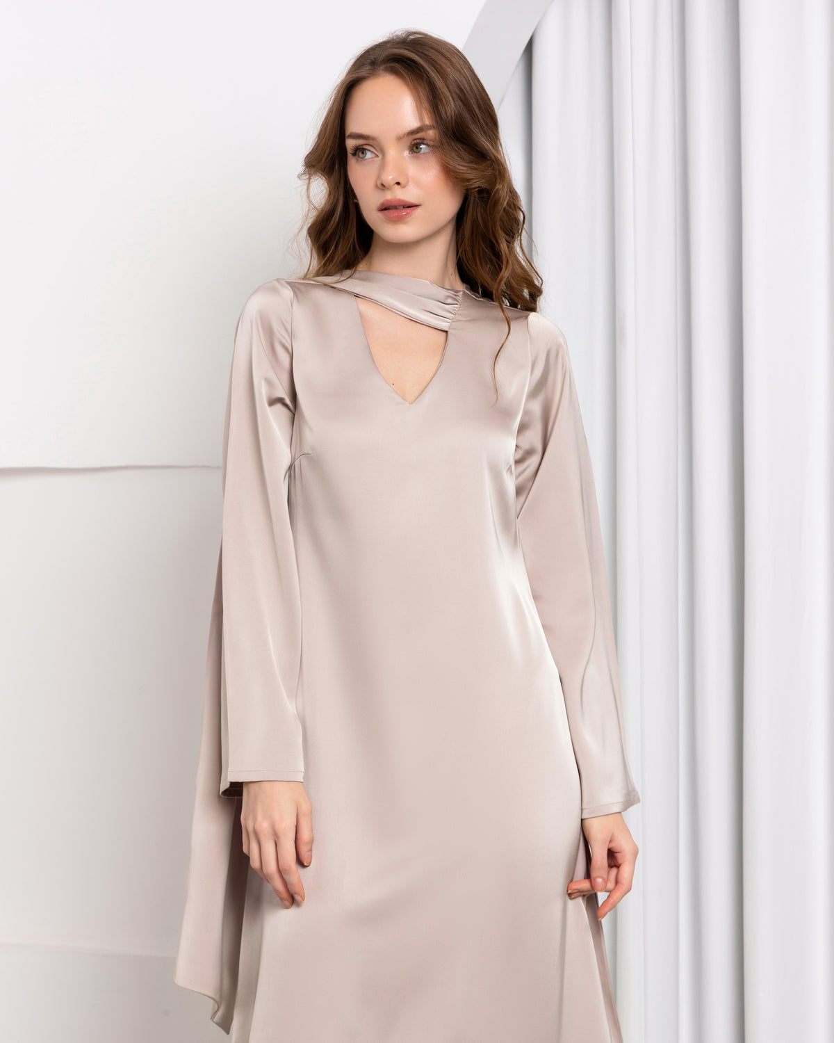 Aura Stole Satin Dress – Ivory | Women's Evening Wear