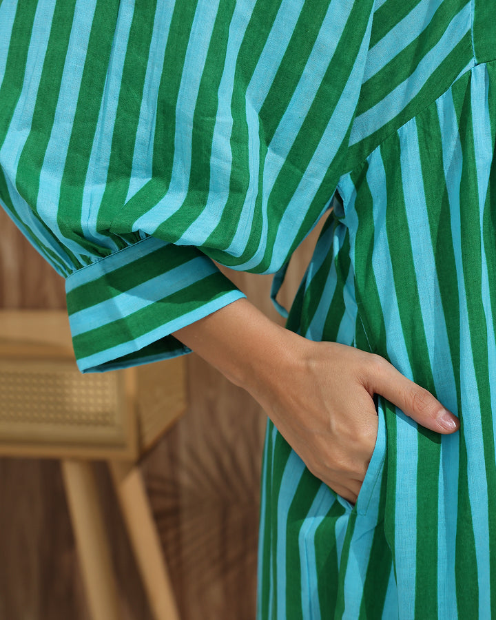 Striped A-Line Dress with Back Tie & Pockets