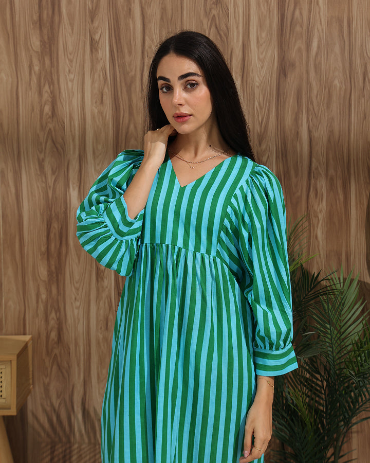 Striped A-Line Dress with Back Tie & Pockets