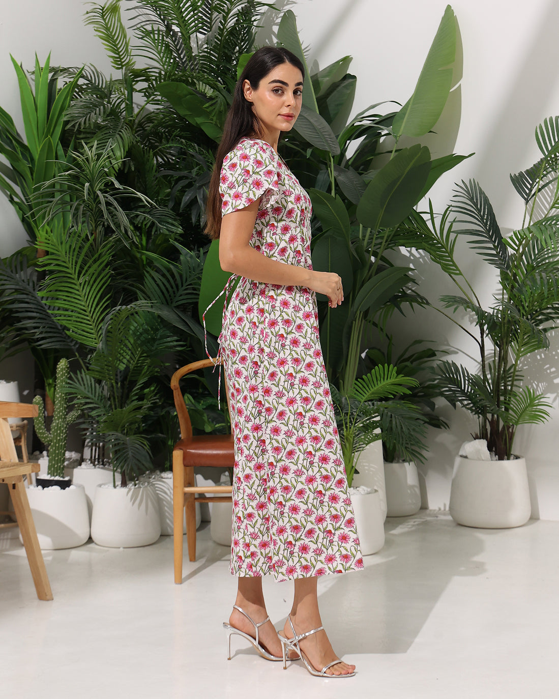 Floral Bloom Maxi Dress with Back Tie drawstring