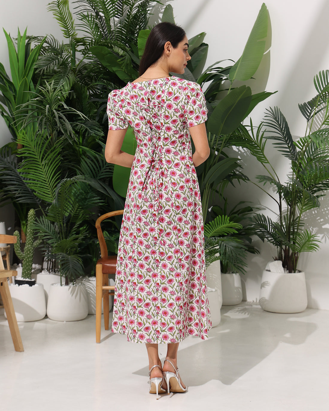 Floral Bloom Maxi Dress with Back Tie drawstring