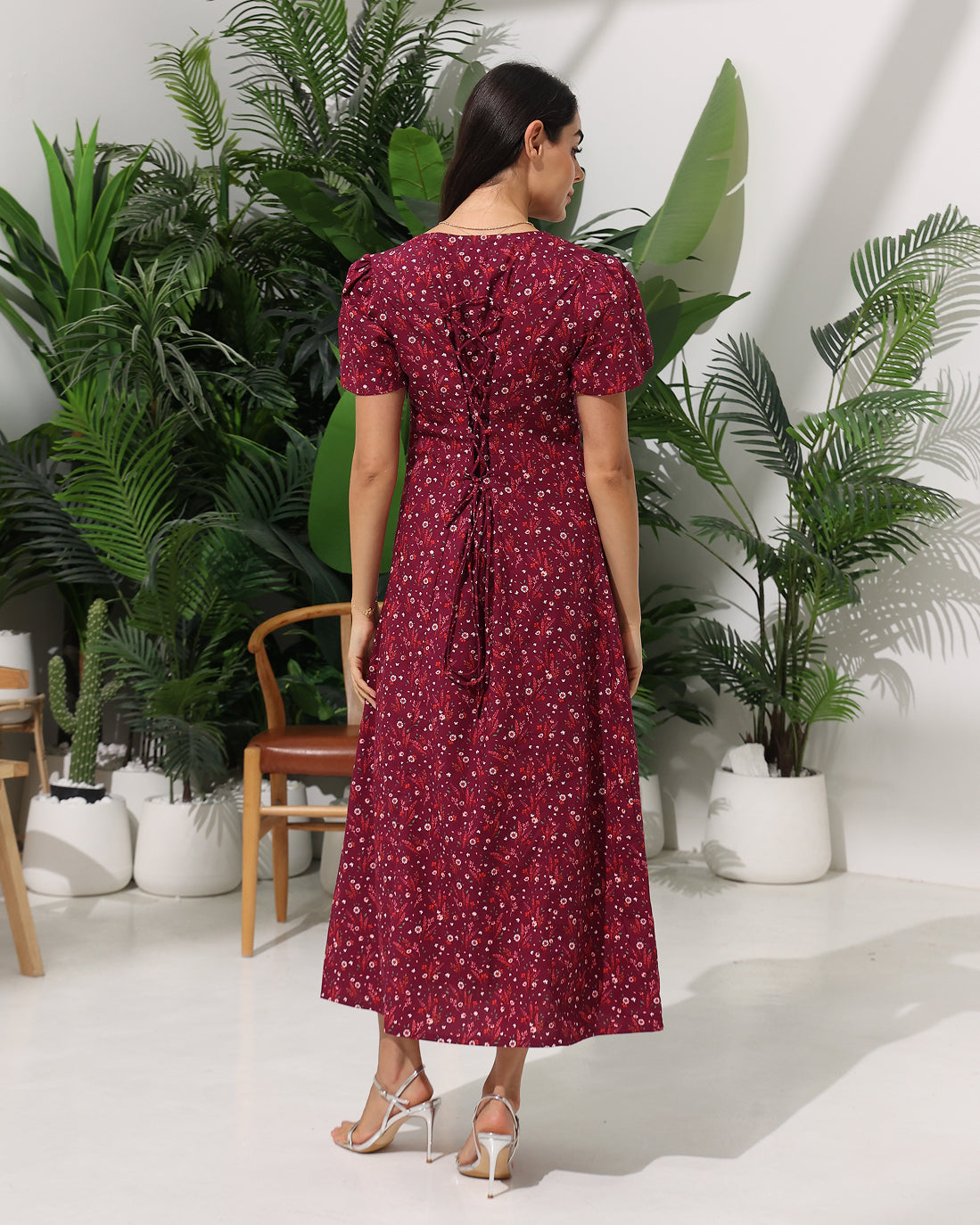 Floral Bloom Maxi Dress with Back Tie Drawstring