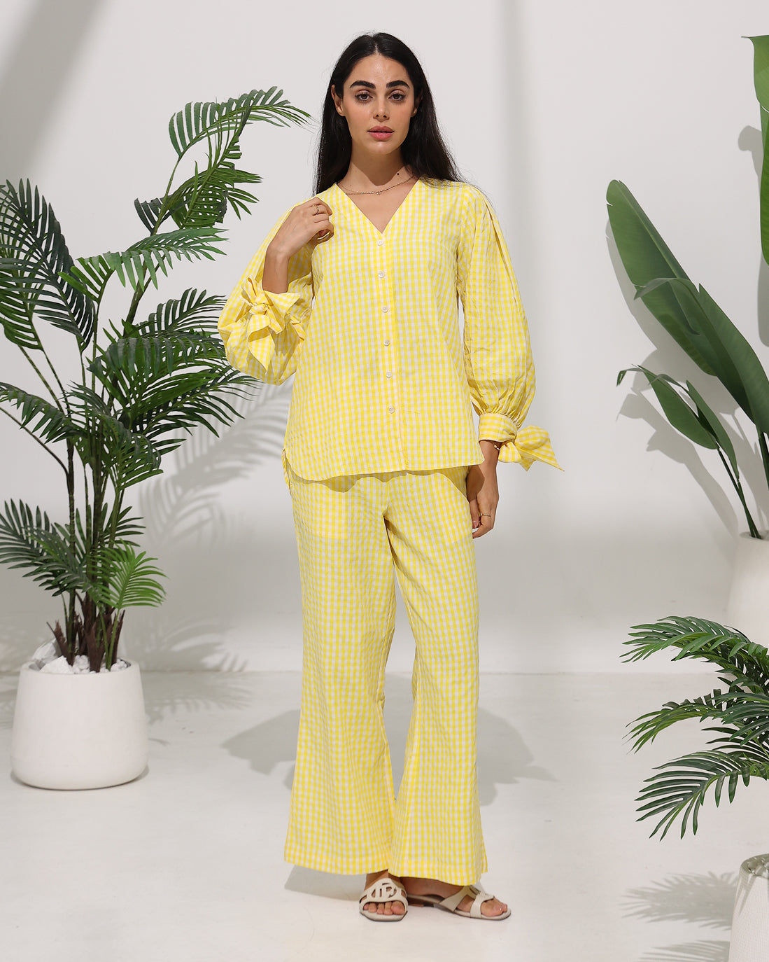 Gingham Check Co-ord Set with Tie Sleeve Detail — Yellow