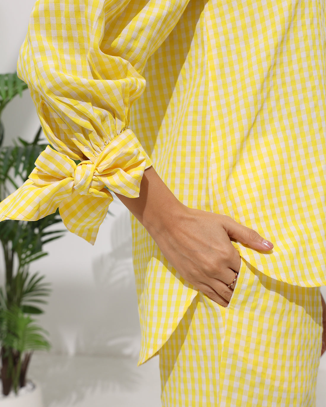 Gingham Check Co-ord Set with Tie Sleeve Detail — Yellow
