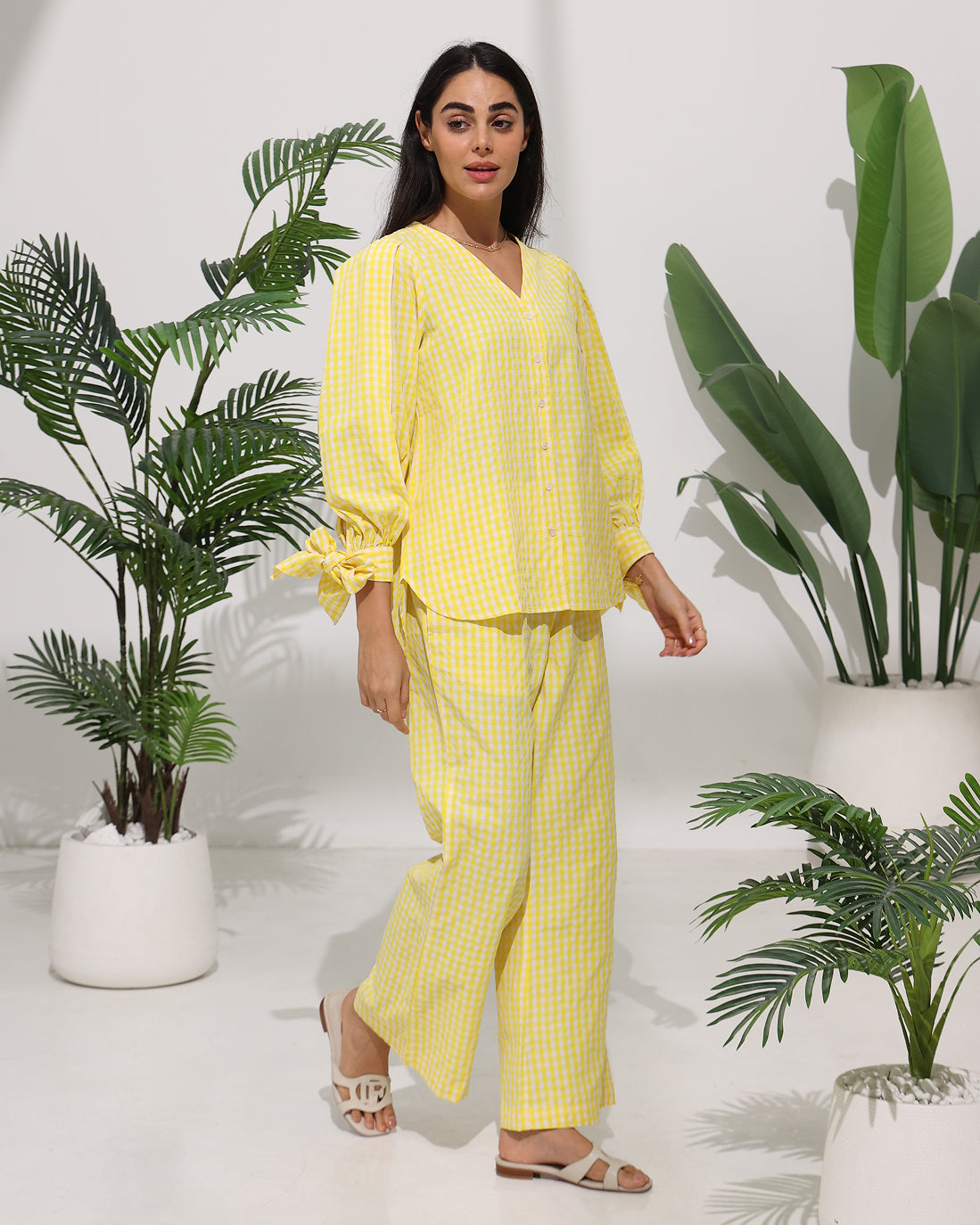 Gingham Check Co-ord Set with Tie Sleeve Detail — Yellow