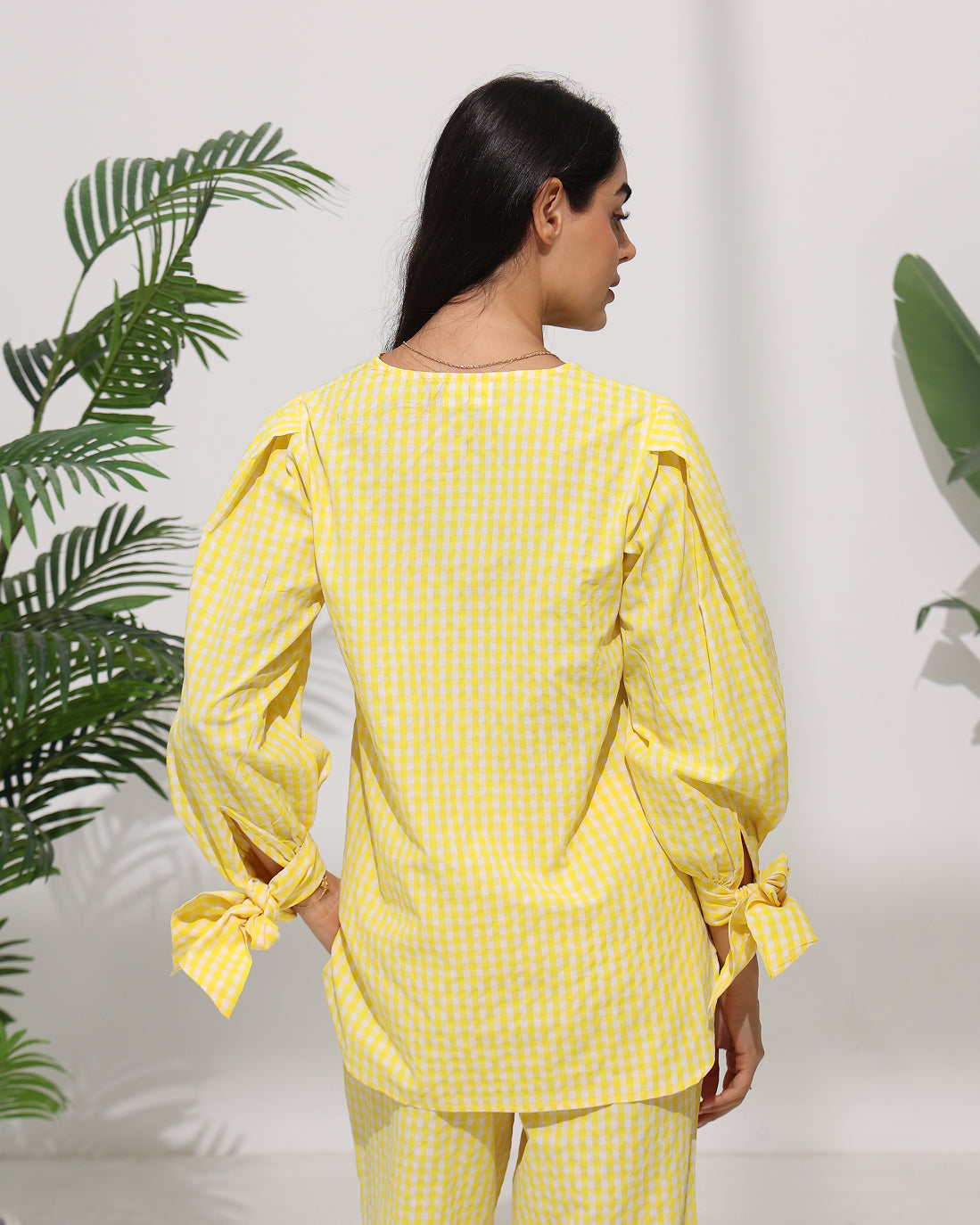 Gingham Check Co-ord Set with Tie Sleeve Detail — Yellow